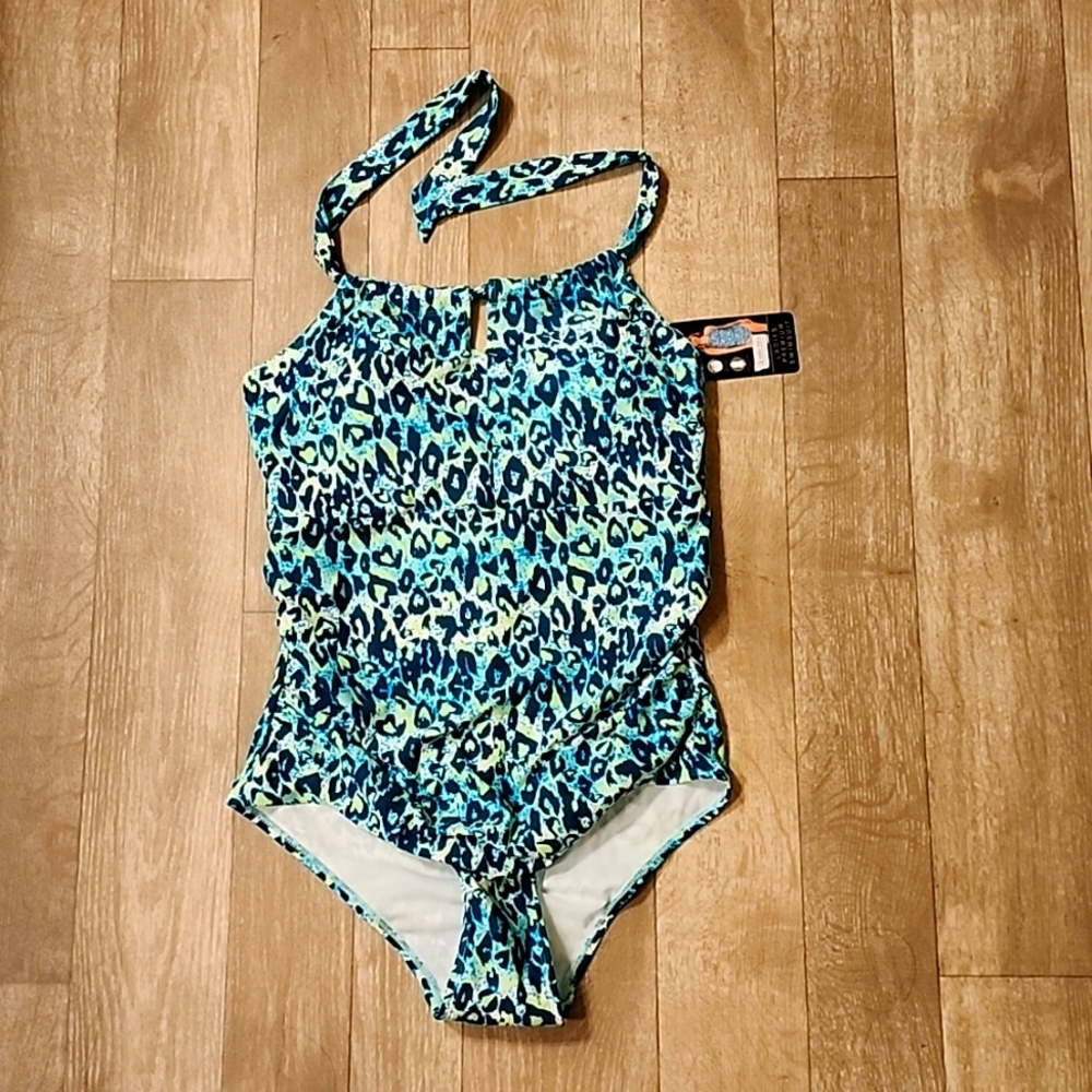 Teal green cheetah 1 piece tunmy toning swimsuit